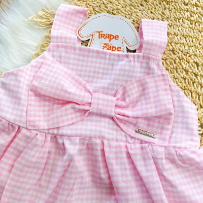 Conj. Regata Xadrez e Short Jeans Morangos - Rosa